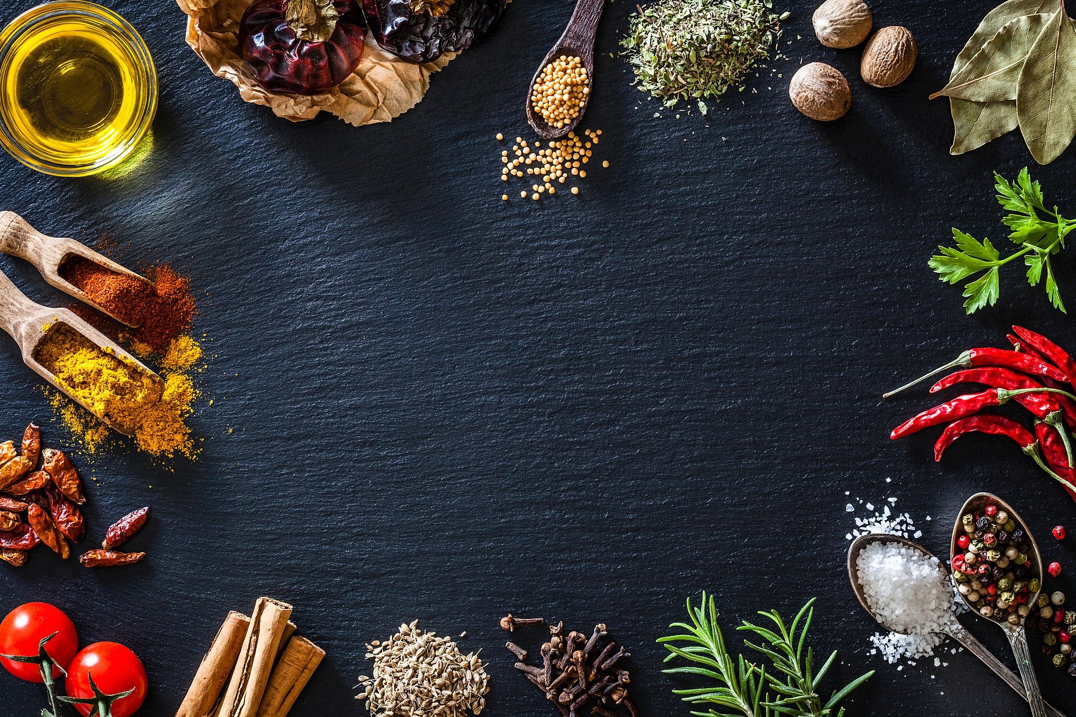 Spices on slate background representing agro trade